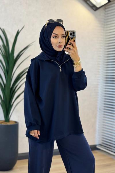 3101 Kapşonlu Patı Fermuarlı Sweatshirt Lacivert