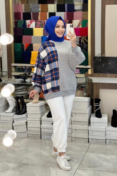 31039 Sol Tarafı Ekose Tunik Gri