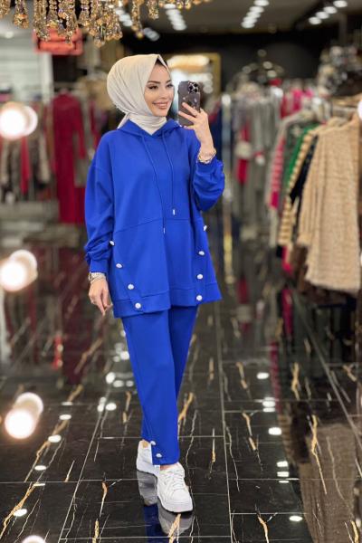 31069 Düğme Detaylı Kapşonlu Takım Saks