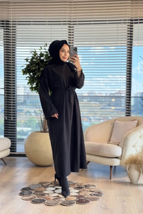 3108 Dikiş Detaylı Dokulu Elbise Siyah