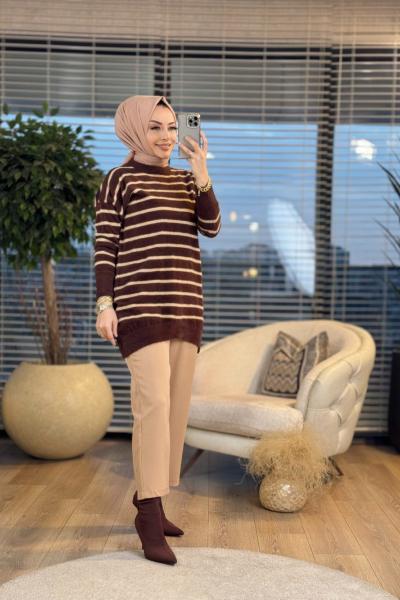 3108 Ön Oval Çizgili Sakal Tunik Kahve