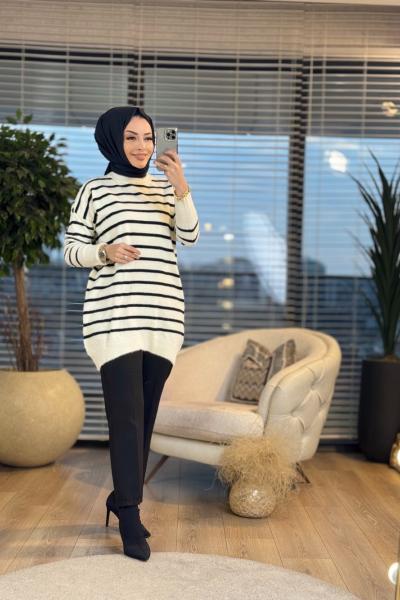3108 Ön Oval Çizgili Sakal Tunik Ekru