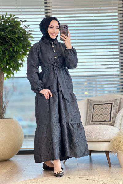 31124 Kendinden Jakar Desenli Elbise Siyah