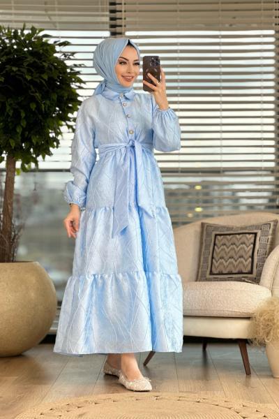 31124 Kendinden Jakar Desenli Elbise Mavi