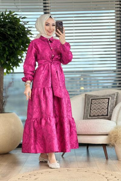 31124 Kendinden Jakar Desenli Elbise Fuşya