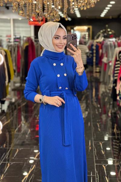 31130 Düğme Detaylı Kemerli Elbise Saks