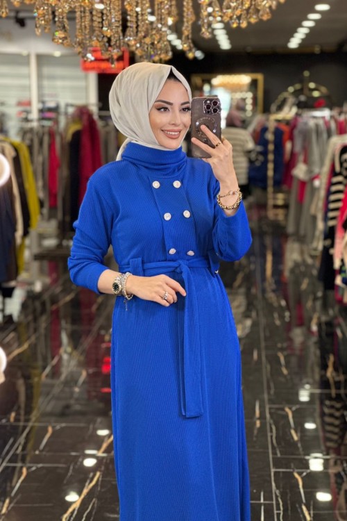 31130 Düğme Detaylı Kemerli Elbise Saks