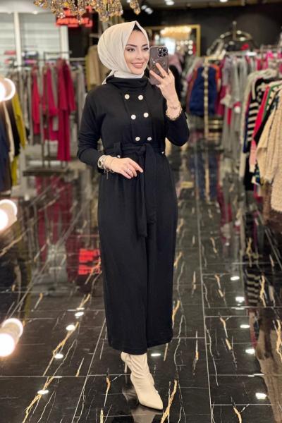 31130 Düğme Detaylı Kemerli Elbise Siyah