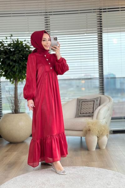 31137 Balon Kol Pat Taş Düğmeli Elbise Bordo