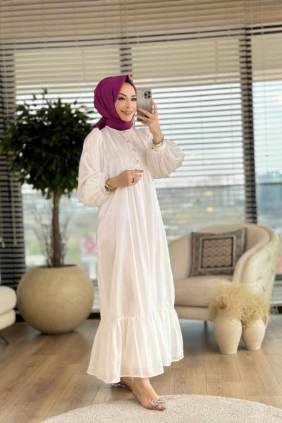 31137 Balon Kol Pat Taş Düğmeli Elbise Ekru