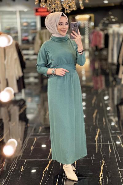 31143 Aller Düğme Detaylı Örme Kumaş Elbise Çağla