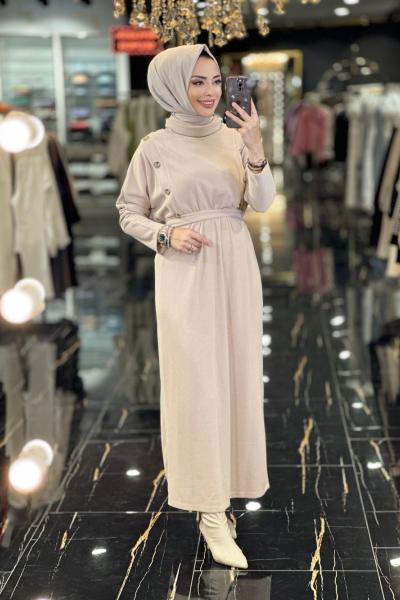 31143 Aller Düğme Detaylı Örme Kumaş Elbise Toprak