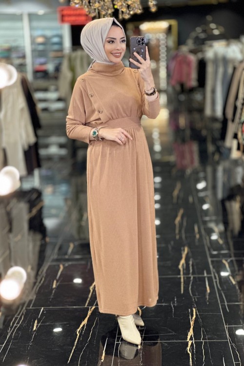 31143 Aller Düğme Detaylı Örme Kumaş Elbise Taba