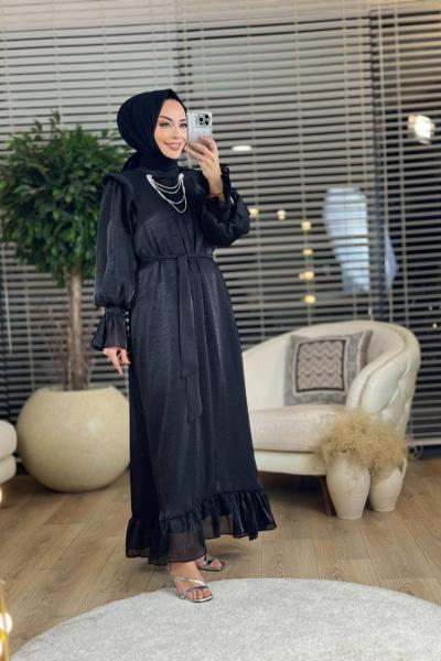 31147 Şifon Yaka Ve Manşeti Aksesuar Detaylı Elbise Siyah