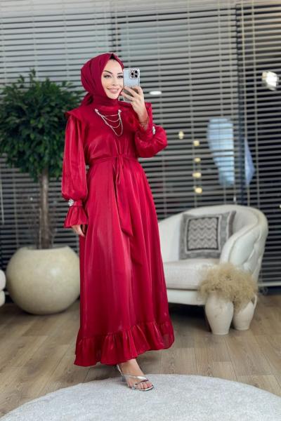 31147 Şifon Yaka Ve Manşeti Aksesuar Detaylı Elbise Bordo