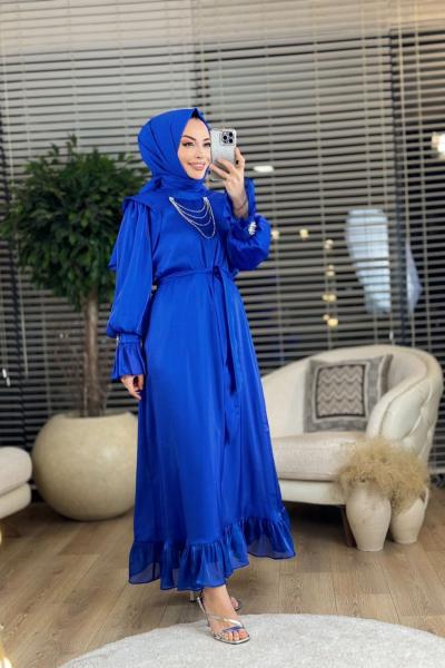 31147 Şifon Yaka Ve Manşeti Aksesuar Detaylı Elbise Saks