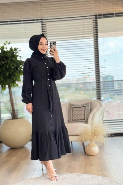 31196 Boydan Düğmeli Elbise Siyah