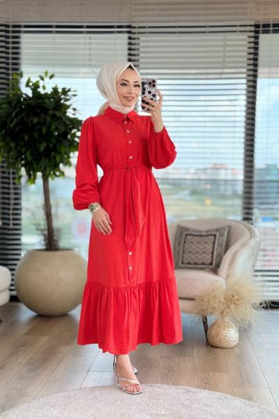 31196 Boydan Düğmeli Elbise Mercan