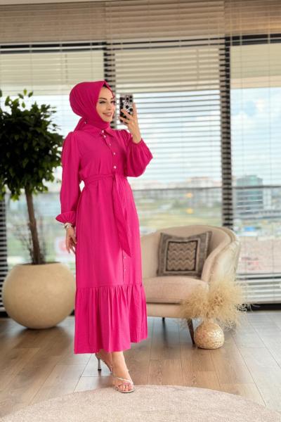 31196 Boydan Düğmeli Elbise Fuşya