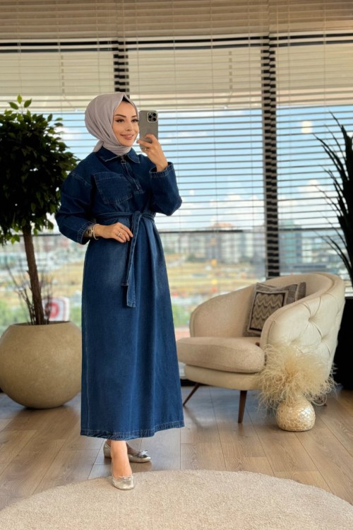 31248 Patı Fermuarlı Kot Elbise Lacivert
