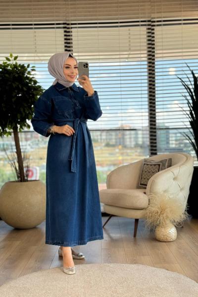 31248 Patı Fermuarlı Kot Elbise Lacivert