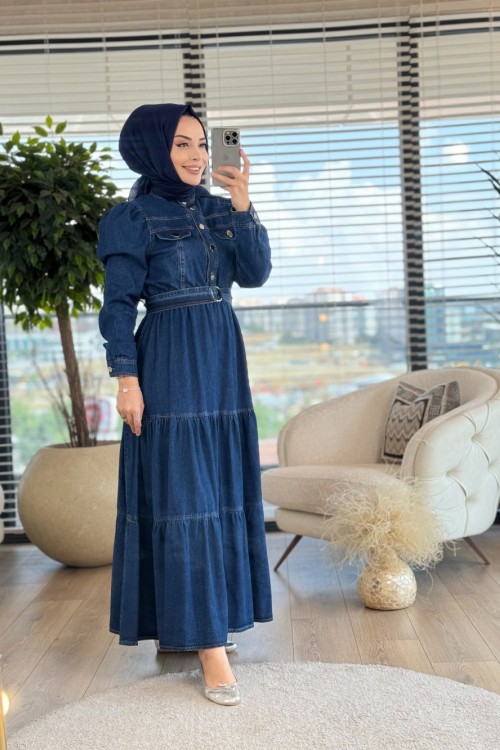 31253 Kot Beli Lastikli Metal Düğmeli Elbise Lacivert