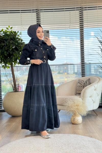 31253 Kot Beli Lastikli Metal Düğmeli Elbise Siyah