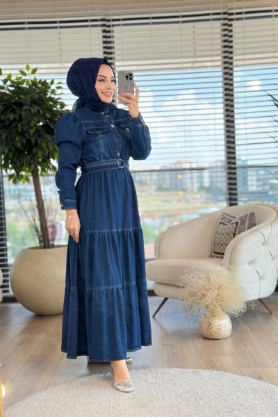31253 Kot Beli Lastikli Metal Düğmeli Elbise Lacivert