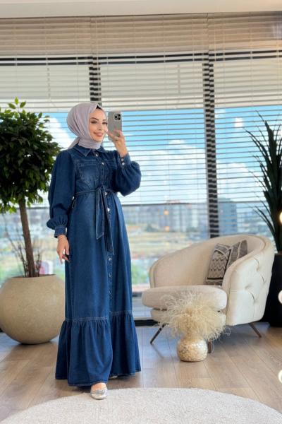 31255 Boydan Düğmeli Kot Elbise Lacivert