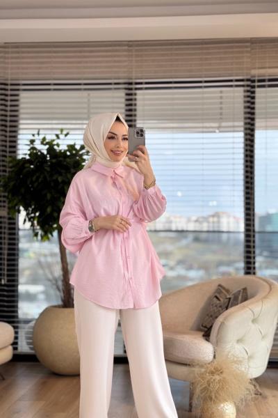 313-1 Keten Roba Dikişli Gömlek Pembe