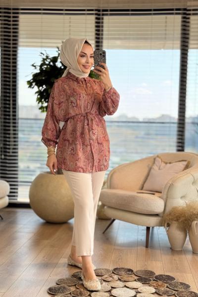 313-4 Etnik Desen Gömlek Taba