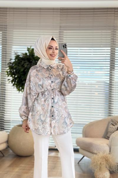 313-4 Etnik Desen Gömlek Bej