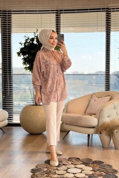 313-4 Etnik Desen Gömlek Koyu Bej