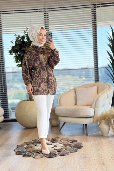 313-5 Saten Şal Desen Gömlek Kahve