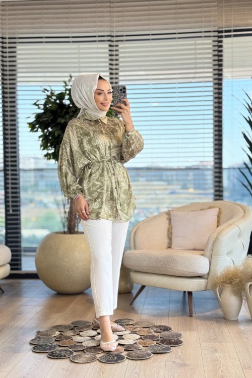 313-5 Saten Şal Desen Gömlek Çağla