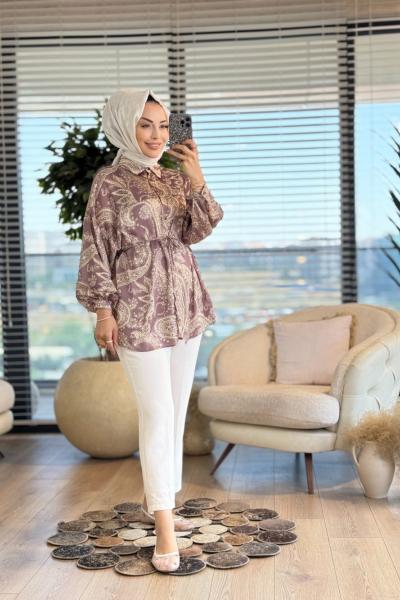 313-5 Saten Şal Desen Gömlek Vizon