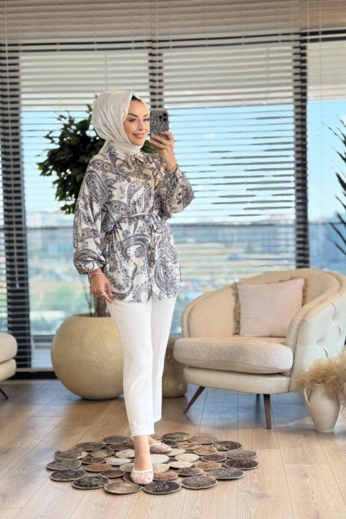313-5 Saten Şal Desen Gömlek Ekru Siyah