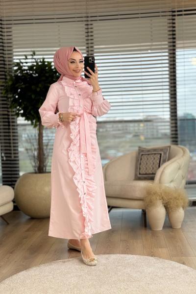 313 Koton Patı Fırfırlı Çıtçıtlı Elbise Pembe
