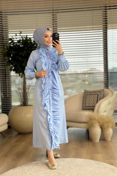 313 Koton Patı Fırfırlı Çıtçıtlı Elbise Mavi