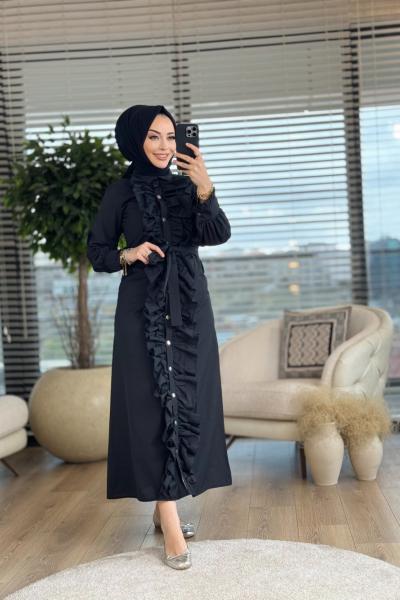 313 Koton Patı Fırfırlı Çıtçıtlı Elbise Siyah