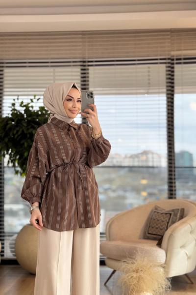 313 Üç Sıra Çizgili Gömlek Kahve