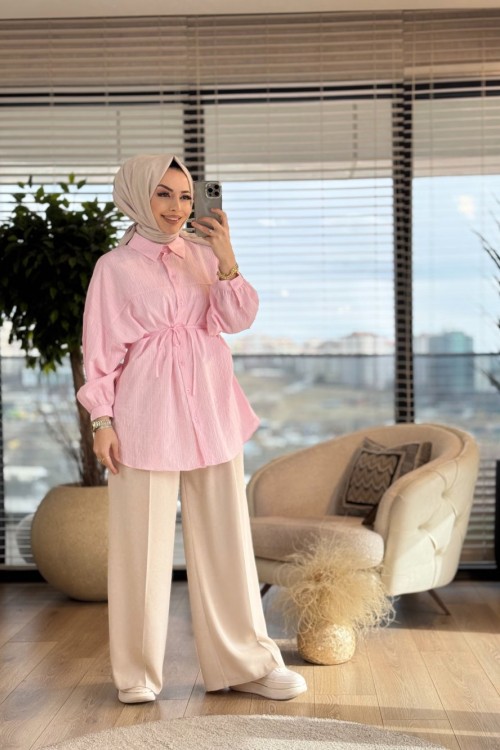 313 Üç Sıra Çizgili Gömlek Pembe