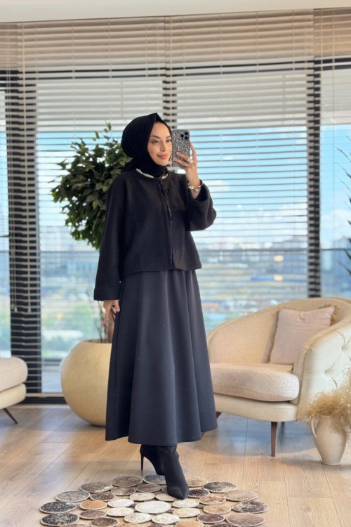 3131 Bukle Bağcık Detaylı Kimono Ceket Siyah
