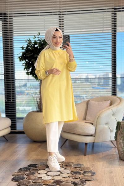 3138 Taş Ve İnci Detaylı Midi Boy SweatShirt Sarı