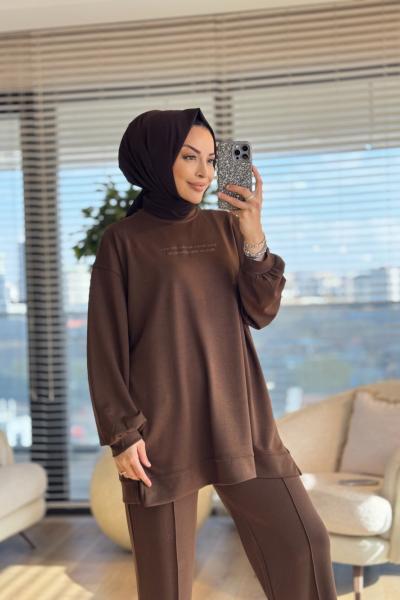 3149 Önü Baskı Detaylı Rahat Takım Kahve