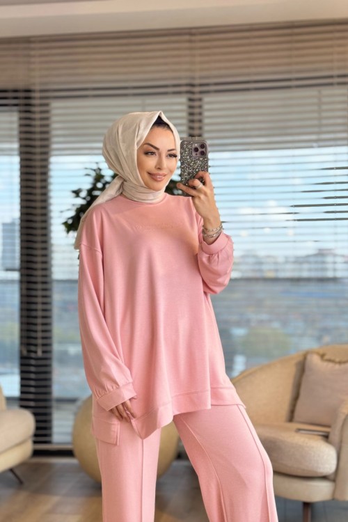 3149 Önü Baskı Detaylı Rahat Takım Somon