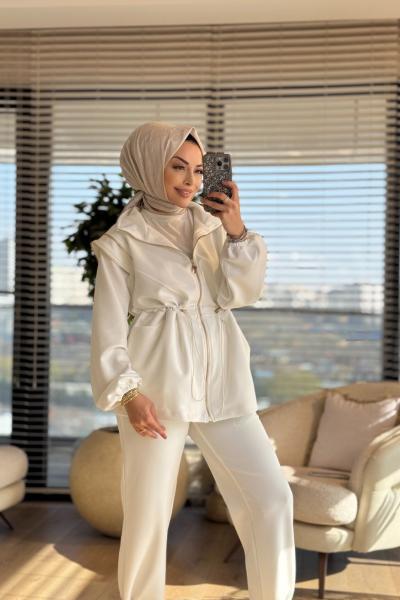 3151 Omuzları Fermuar Detaylı Takım Ekru