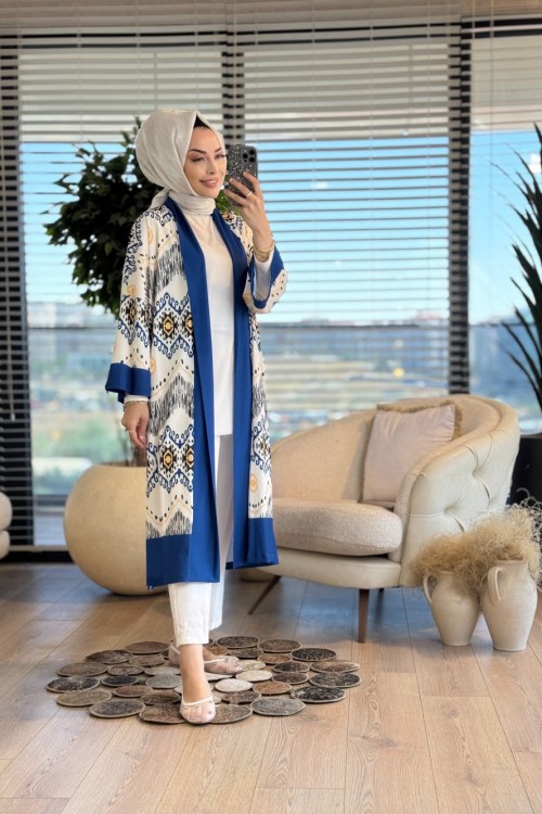 31589 Etnik Desen Baskılı Hırka Lacivert