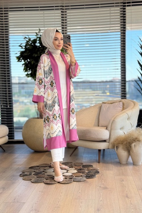 31589 Etnik Desen Baskılı Hırka Leylak