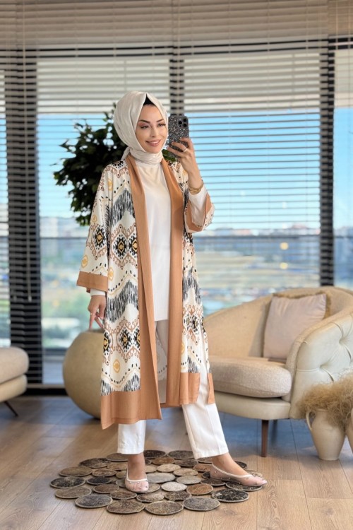 31589 Etnik Desen Baskılı Hırka Açık Kahve